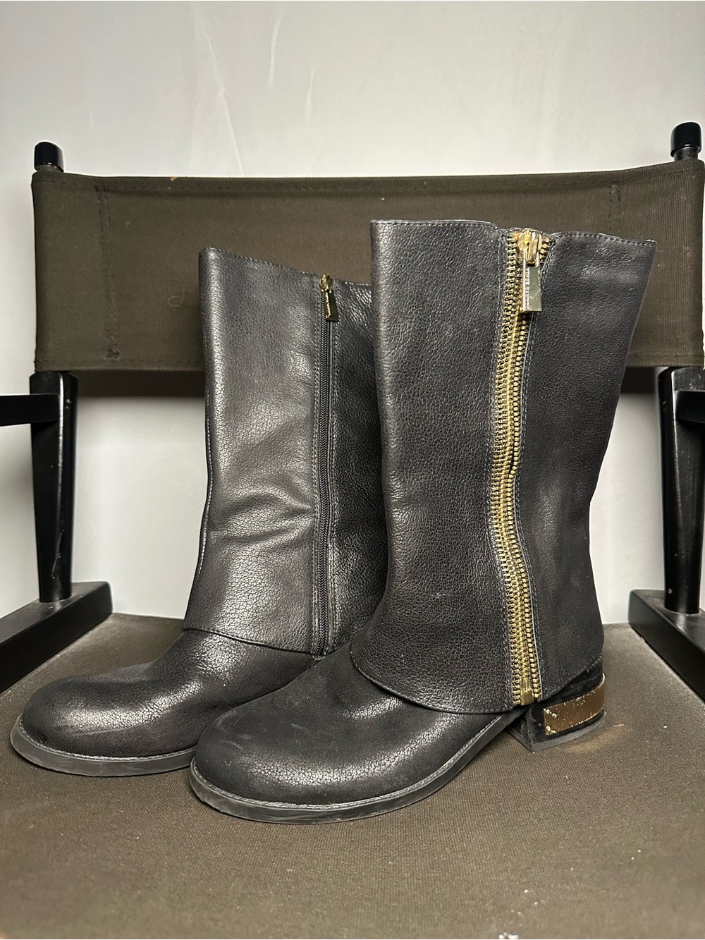 Vince Camuto Black Leather Mid-Calf Boots with Gold Zipper